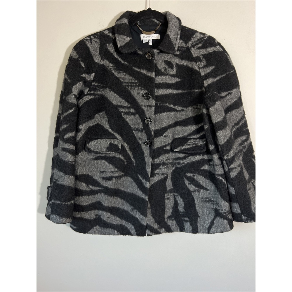 SEE BY CHLOE Zebra Animal Print Coat Size 44 US 8 Black Gray Wool Mohair Alpaca